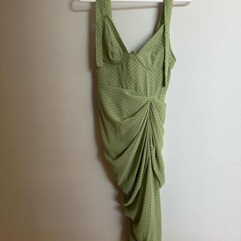 PrettyLittleThing sage green polka dot draped dress